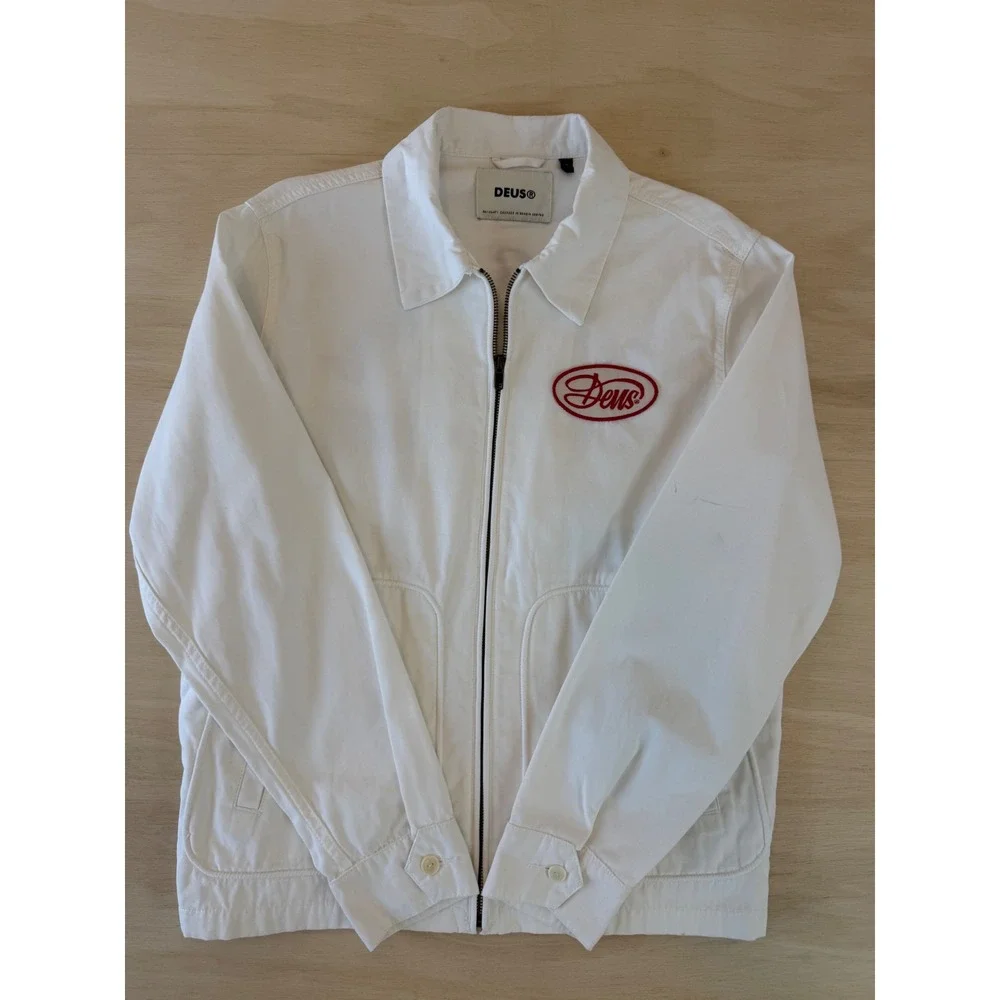 Deus Ex Machina Gulf Drizzler Jacket White Red Embroidered Moto Mechanic - S